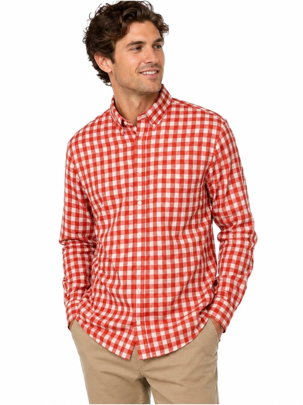 L.L. Bean Men’s Medium‎ Regular Salmon & White Check Shirt – Cotton, Long Sleeve